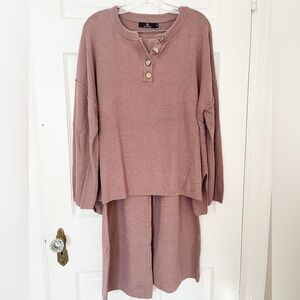 Lillusory Taupe Knit Sweater and Pants Set with Henley Top Cozy Sweater Set